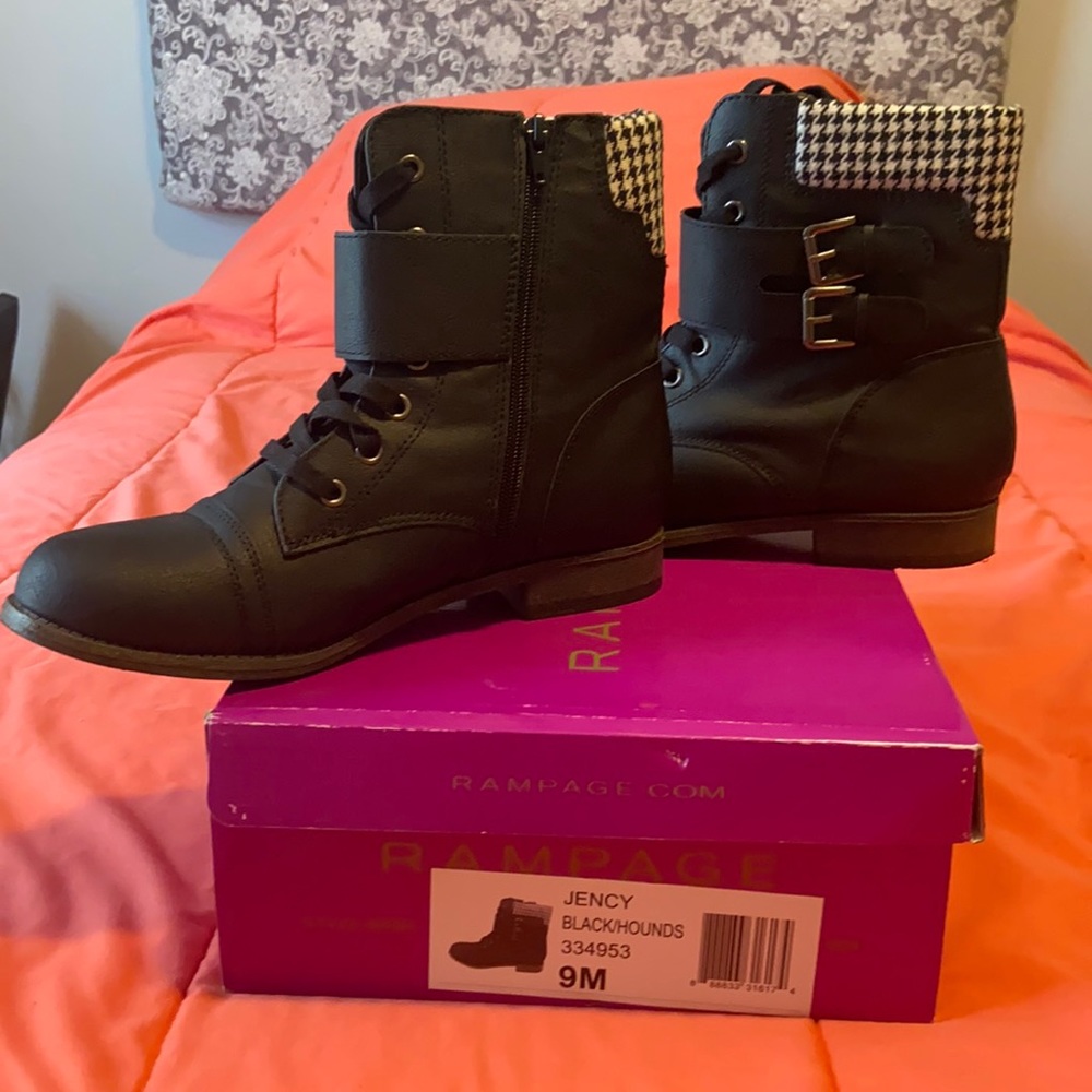Black combat boots with zipper/strings/buckles